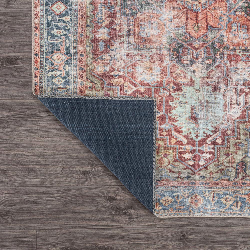 Vintage Red and Blue Medallion Washable Synthetic Area Rug