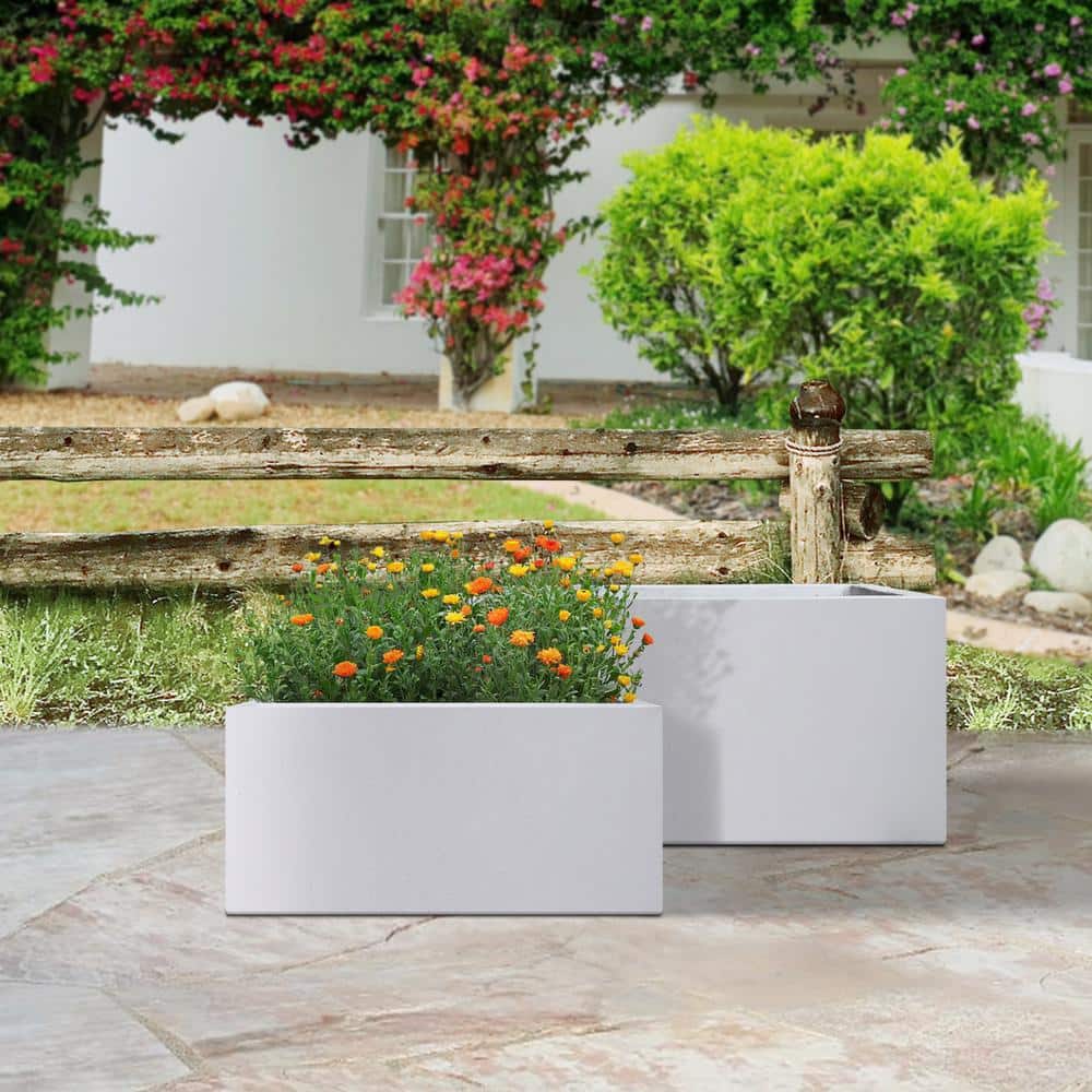 PLANTARA 31 in. and 23 in. L Solid White Concrete Planter, Rectangule Outdoor Plant Pot, Modern Flower Pot for Garden