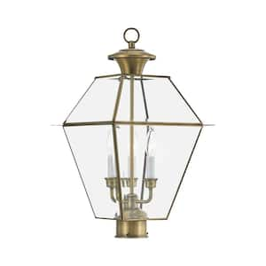 Ainsworth 22 in. 3-Light Antique Brass Cast Brass Hardwired Outdoor Rust Resistant Post Light with No Bulbs Included