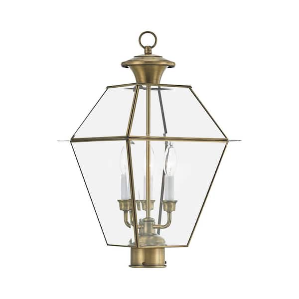 AVIANCE LIGHTING Ainsworth 22 in. 3-Light Antique Brass Cast Brass Hardwired Outdoor Rust Resistant Post Light with No Bulbs Included