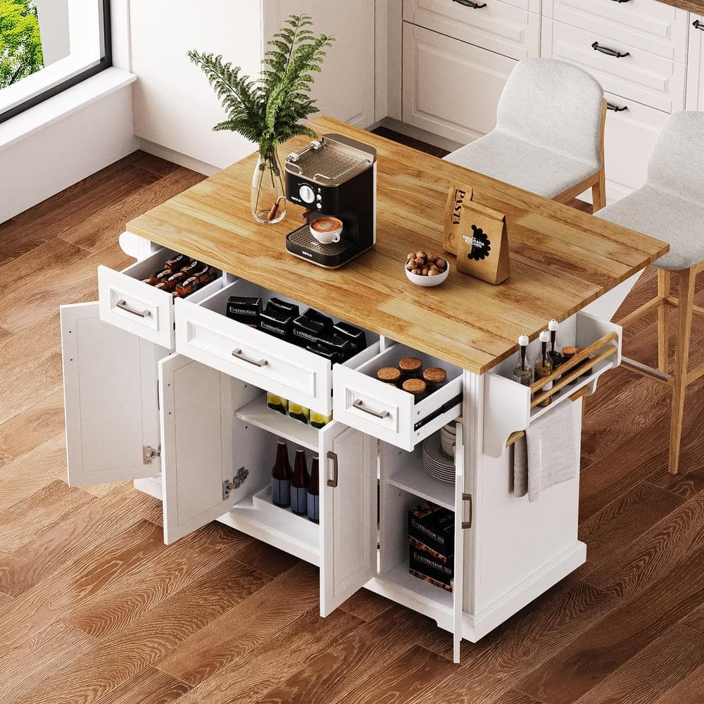 White Drop Leaf Rubber Wood Large 54 in. W Embossed Texture Kitchen Island 