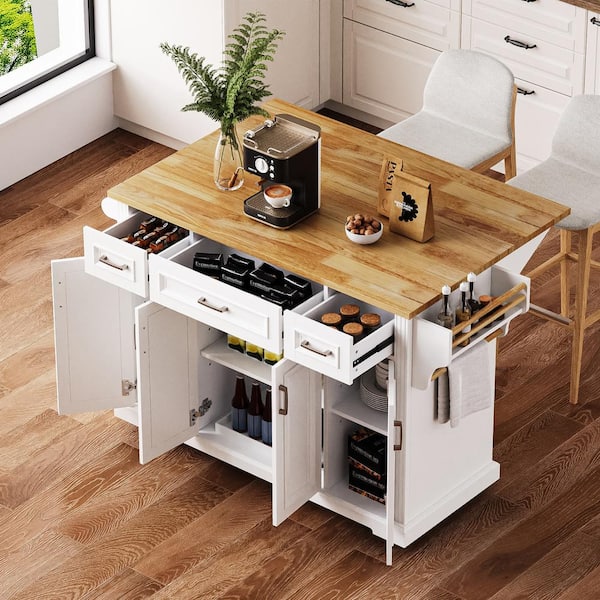 PDTEND White Drop Leaf Rubber Wood Large 54 in. W Embossed Texture Kitchen Island on 4-Wheels with 4-Doors and 3-Drawers