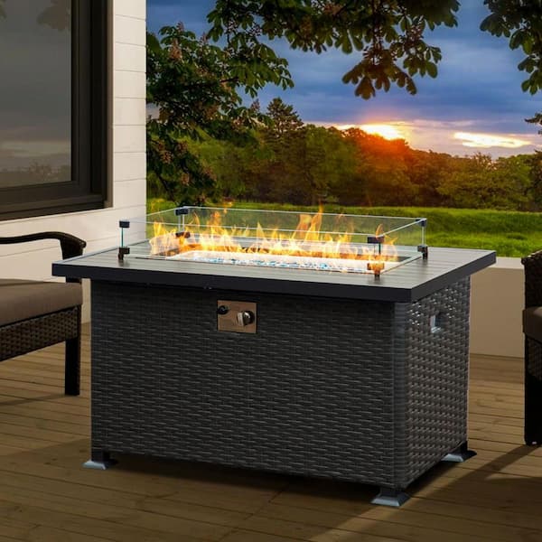 Unbranded 43.3 in. Outdoor Wicker Gas Fire Pit Table with Glass Wind Guard, 50,000 BTU Smokeless Fire Pits with Aluminum Tabletop