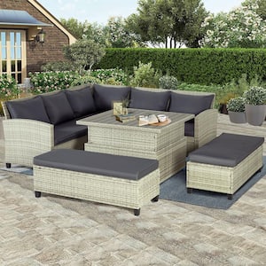 Modern 6-Piece Outdoor Wicker Sectional Furniture Set with Gray Cushions and Adjustable Height Dining Table