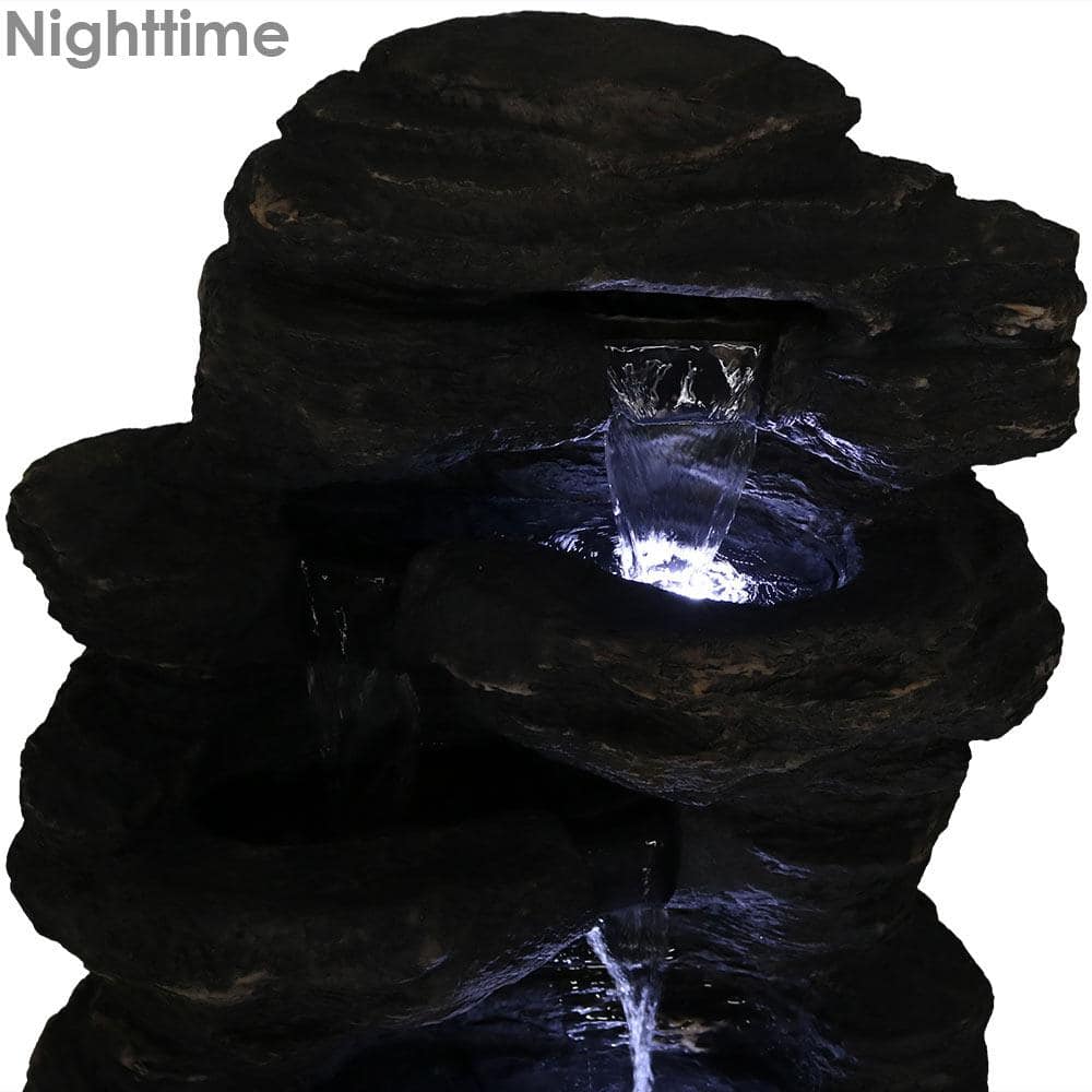 Gray Polystone Rocky Falls Outdoor Fountain with LED Lights