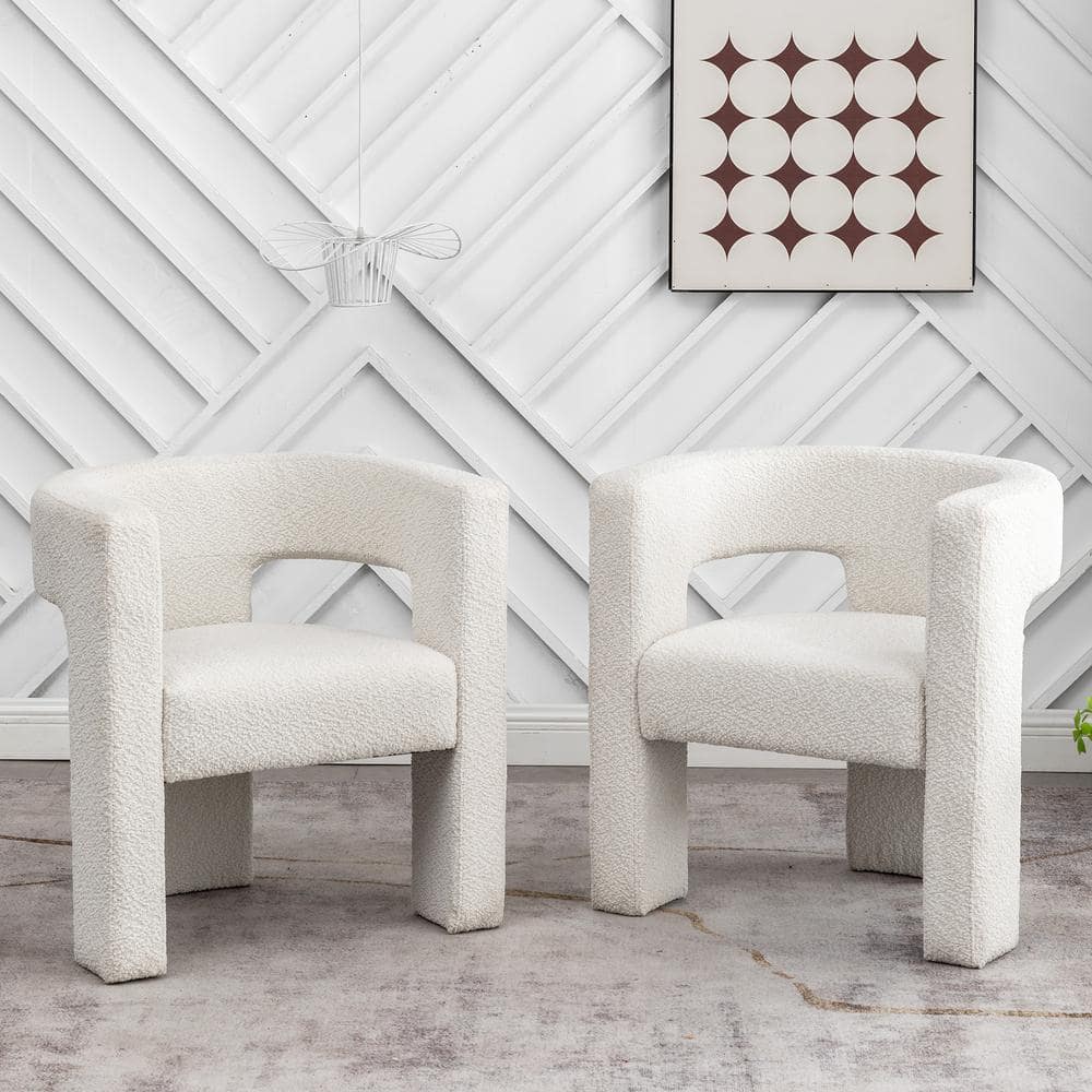 Set of 2 Cream Boucle Barrel Accent Chairs with Wood Frame