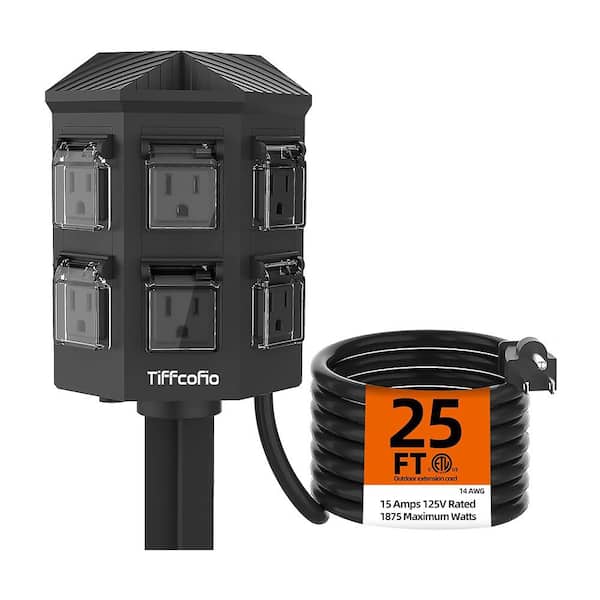 6-Outlet Outdoor Surge Protector Power Strip with Ground Stake, 25 ft. Extension Cord and Waterproof, Black