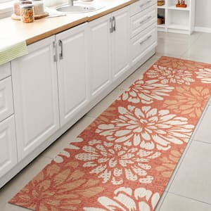 Zinnia Modern Floral Textured Weave Orange/Cream 2 ft. x 10 ft. Indoor/Outdoor Area Rug