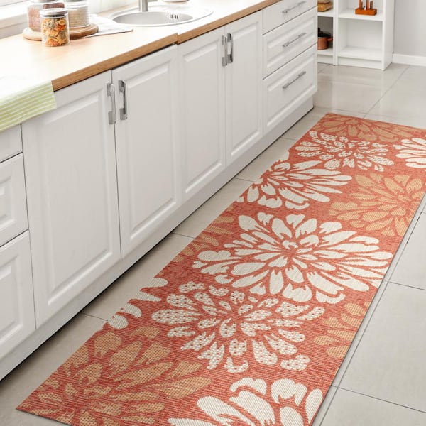 JONATHAN Y Zinnia Modern Floral Textured Weave Orange/Cream 2 ft. x 10 ft. Indoor/Outdoor Area Rug