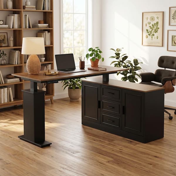 55.1 in. L-Shaped Black Wood 3-Drawer Executive Desk, Computer Desk, Writing Desk with Adjustable Height and Cabinets