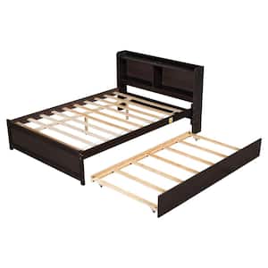Espresso Brown Wood Frame Full Size Platform Bed with Trundle, Bookcase