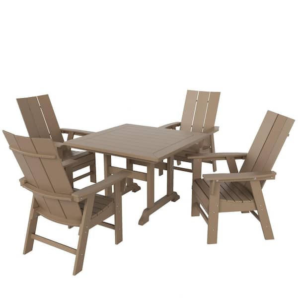 WESTIN OUTDOOR Shoreside Outdoor Patio Weather Resistant Adirondack Weatherwood 5-Piece HDPE Plastic Square Table Dining Set