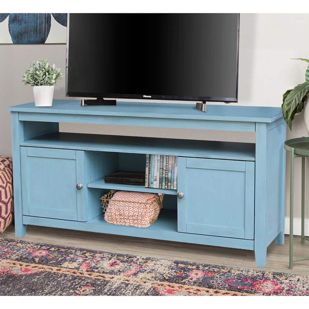 Ocean Blue Solid Wood 60" Entertainment TV Stand with Cabinet