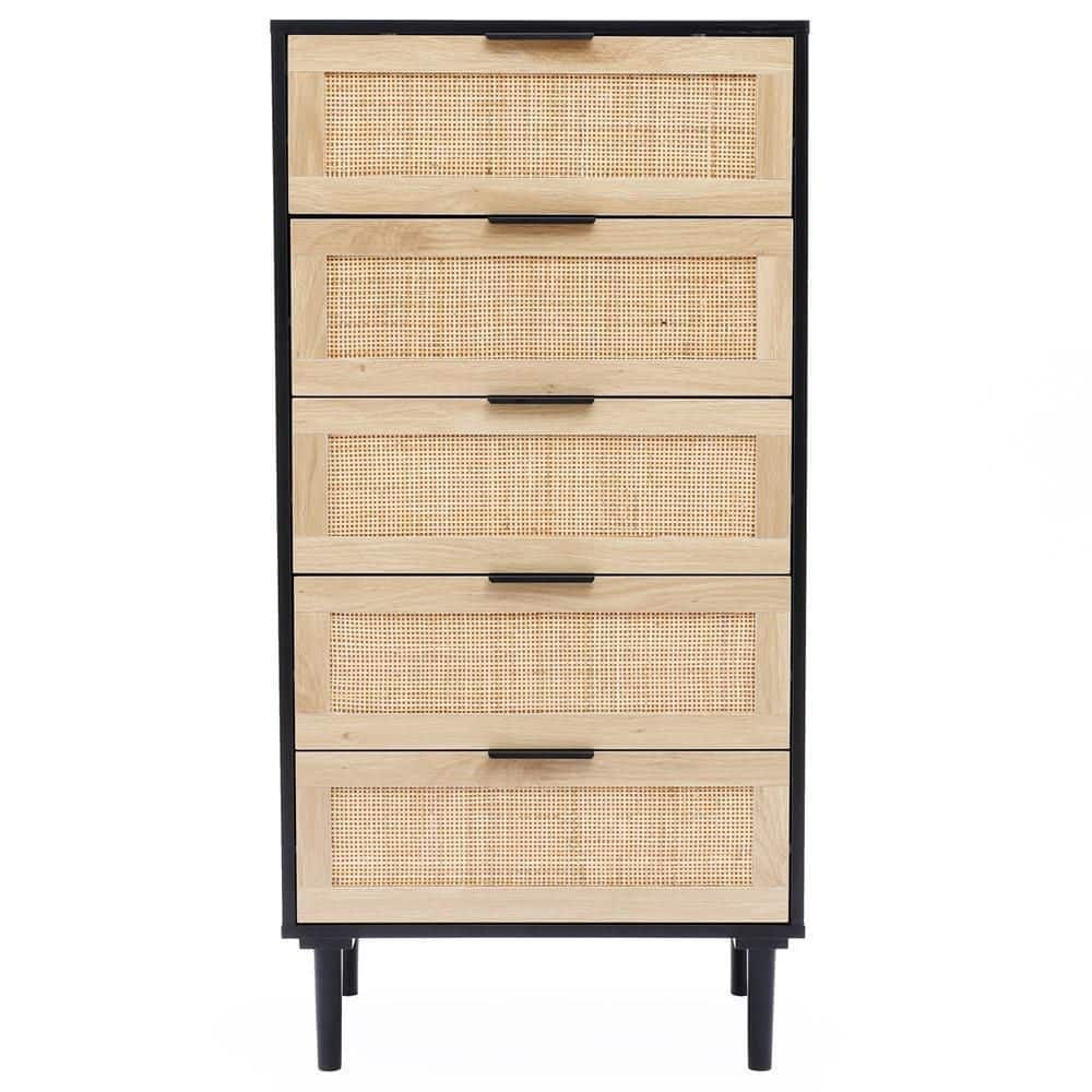 LuxenHome 5Drawer Black and Natural Wood Chest of Drawers 47.2 in. x