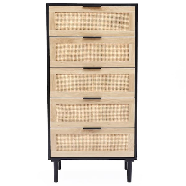 LuxenHome 5-Drawer Black and Natural Wood Chest of Drawers 47.2 in. x 23.6 in. x 15.7 in.