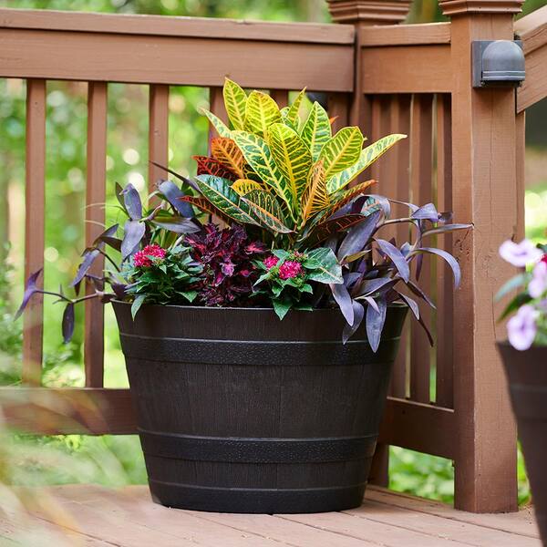 Set of 4 Rustic Whiskey Barrel Flower Planters Outdoor Deck Porch Garden Decor 