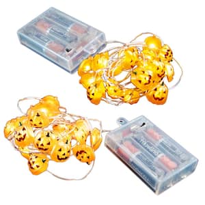 Battery Operated LED Waterproof Mini String Lights with Timer (20-Count) Jack O' Lantern (Set of 2)