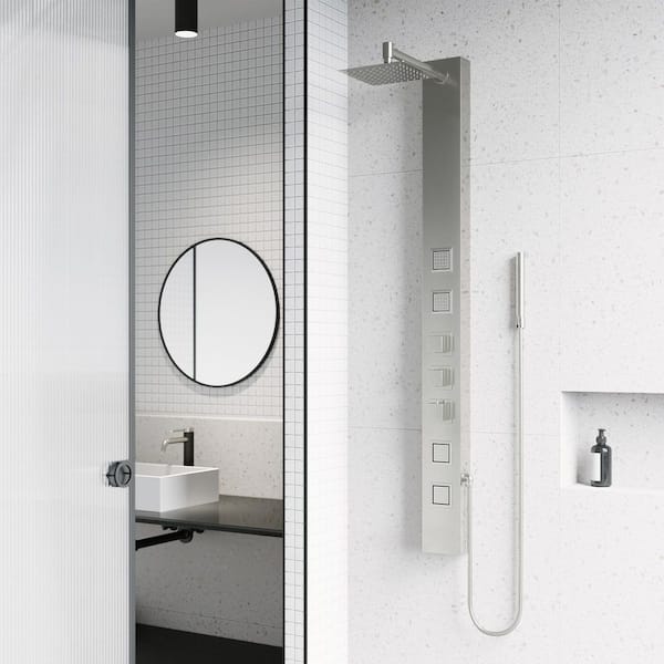 Sutton 58 in. H x 5 in. W 4-Jet Shower Panel System with Adjustable Square Head and Hand Shower Wand in Stainless Steel