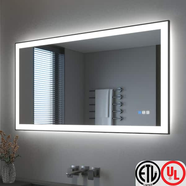 55 in. W x 30 in. H Rectangular Framed LED Anti-Fog Wall Bathroom Vanity Mirror in Black with Backlit and Front Light