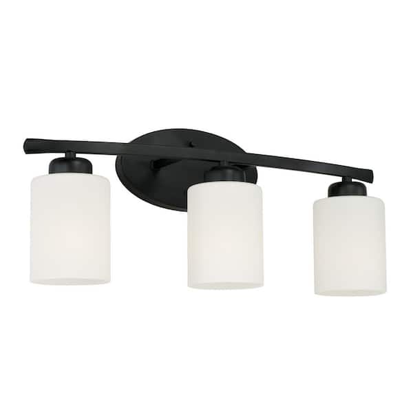 20.5 in. W x 9 in. H x 7 in. E 3-Light Soft White Glass Vanity Light in Matte Black