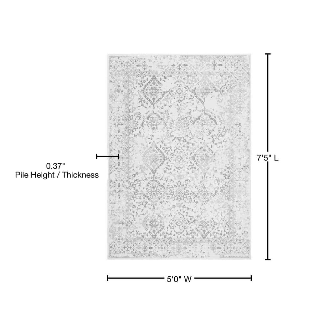 Ivory Rectangular 5' x 7' Non-slip Synthetic Boho Rug