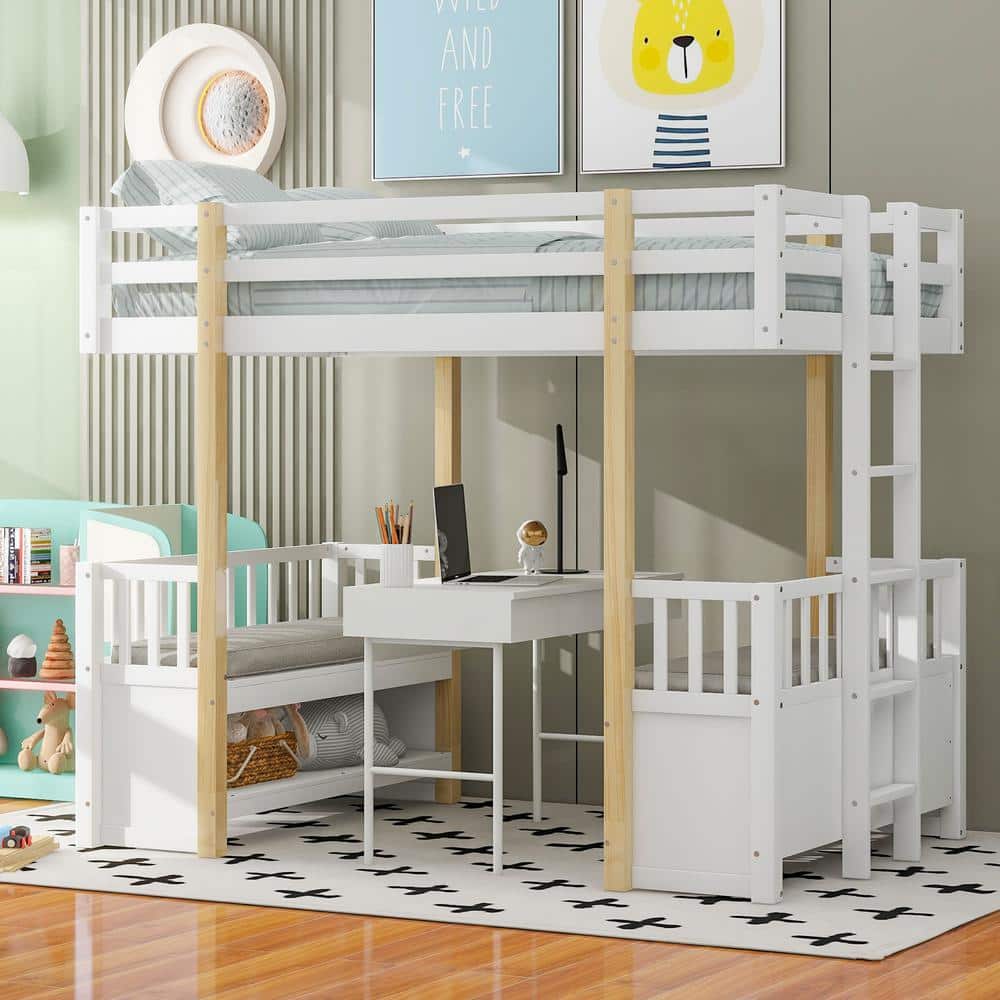 Harper & Bright Designs White Wood Twin Size Loft Bed with 2 Seats ...