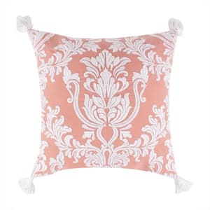 Belhaven Blush, White Damask Embroidered with Corner Tassels 18 in. x 18 in. Throw Pillow