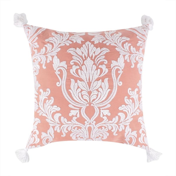LEVTEX HOME Belhaven Blush, White Damask Embroidered with Corner Tassels 18 in. x 18 in. Throw Pillow