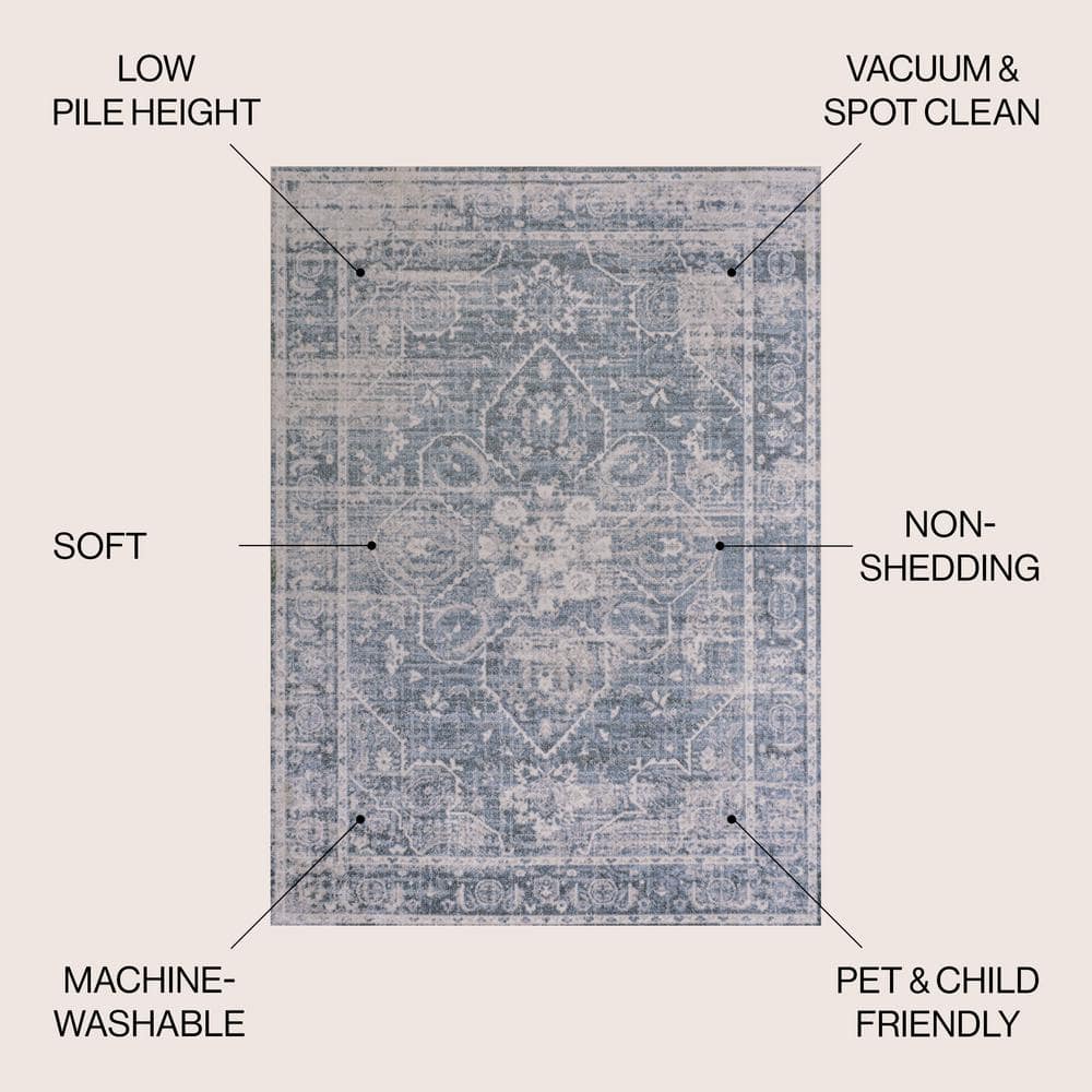 Blue and Light Gray Medallion Washable Synthetic 4' x 6' Rug
