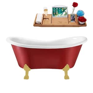 62 in. x 31 in. Acrylic Clawfoot Soaking Bathtub in Glossy Red with Brushed Gold Clawfeet and Matte Pink Drain