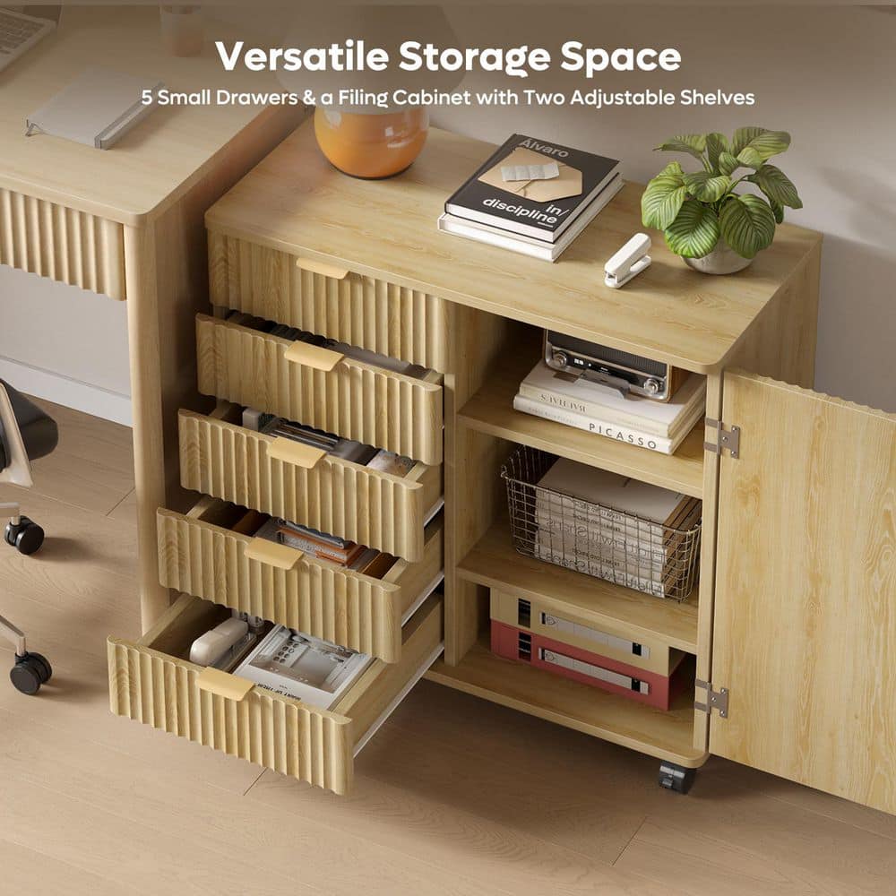 Bestier natural oak rolling file cabinet with drawers open, showing storage capacity.