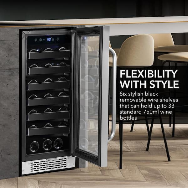 15 in. Single Zone 33 Bottles Undercounter Built-In Wine Cooler Refrigerator w/ Lock Stainless LED