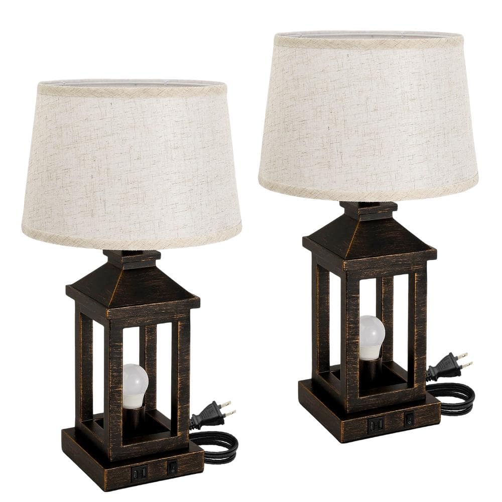 "Dimmable 21"" Black&Gold Farmhouse Table Lamp With Linen Shade and Usb Ports, Led Bulbs Included (Set of 2)" price history on PriceWatchPro