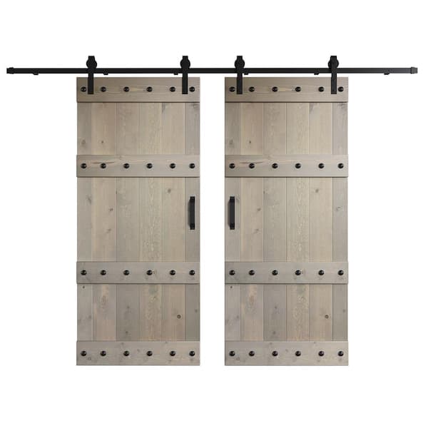 COAST SEQUOIA INC Castle Series 72 in. x 84 in. Light Gray DIY Knotty Wood Double Sliding Barn Door with Hardware Kit
