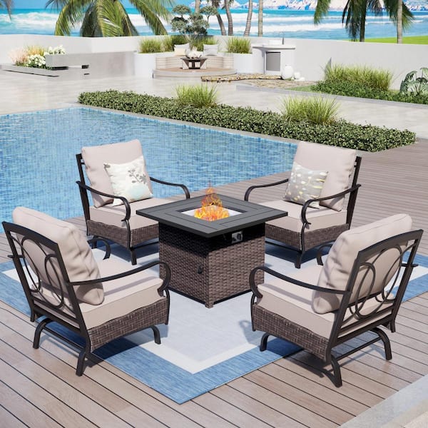 PHI VILLA Brown Rattan Wicker 4 Seat 5-Piece Steel Outdoor Fire Pit Patio Set with Beige Cushions, Rattan Square Fire Pit Table