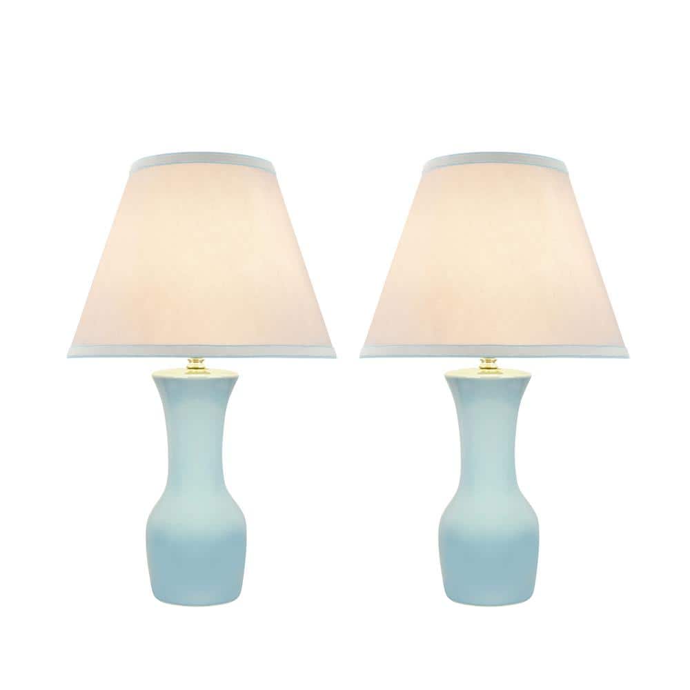 Light Blue Ceramic Table Lamp with Off-White Linen Shade, 21"