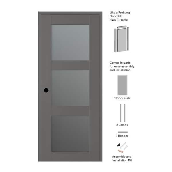 Vona 36 in. x 96 in. Right-Handed 3-Lite Frosted Glass Gray Matte Composite DIY-Friendly Single Prehung Interior Door