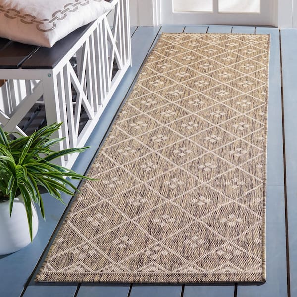 Courtyard Brown/Light Beige 2 ft. x 8 ft. Tribal Diamond Indoor/Outdoor Runner Rug