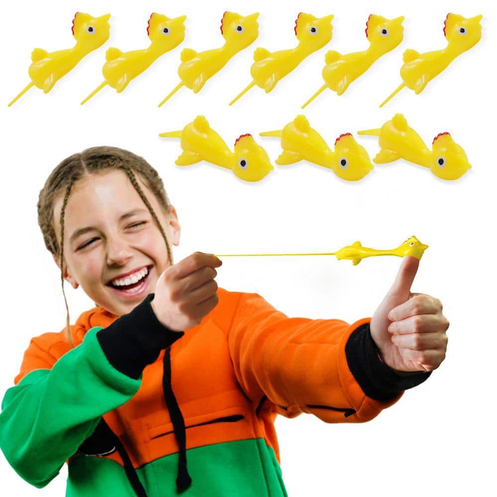 Novelty Place 4 in. Slingshot Chicken Flying Finger Toys - Stretchy Rubber Flick Chicks Shooting Game (10-Pack)
