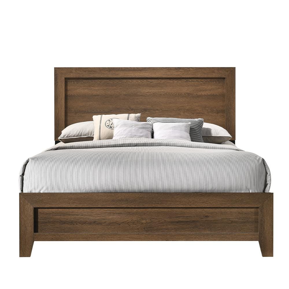 Elegant Oak Queen Bed with Upholstered Headboard and Storage Drawer