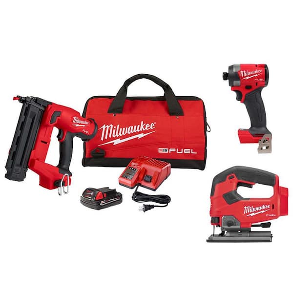 M18 FUEL GEN II 18V 18-Gauge Lith-Ion Brushless Cordless Brad Nailer Kit w/ One 2.0 Ah Battery, Jig Saw, & Impact Driver