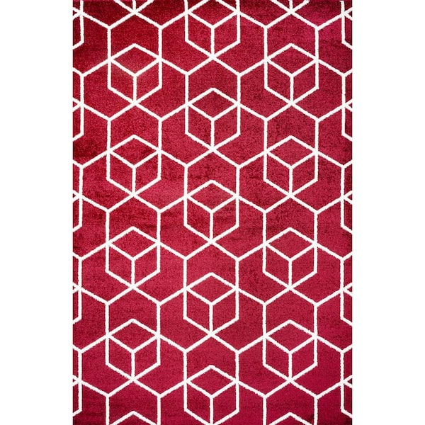 Tumbling Blocks Modern Geometric Red/White 8 ft. x 10 ft. Area Rug