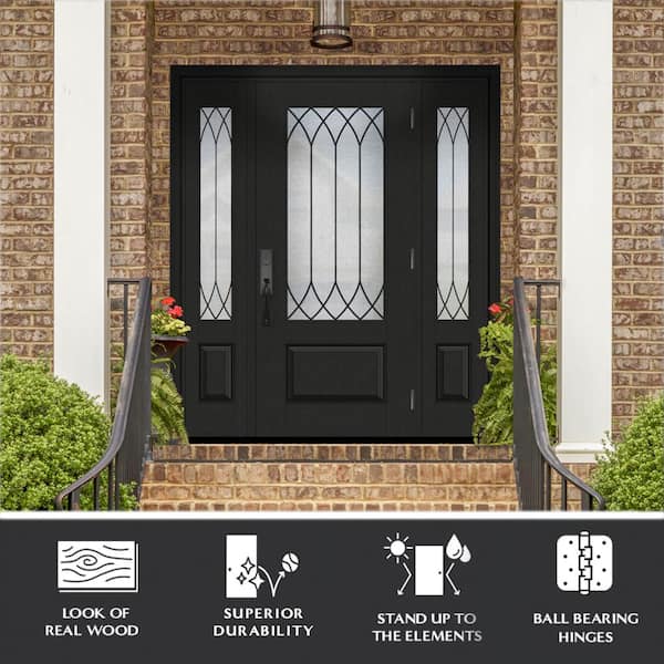 Regency 64 in. x 80 in. 3/4-Lite Spire Decorative Glass LHOS Onyx Mahogany Fiberglass Prehung Front Door w/Dbl 12 in. SL