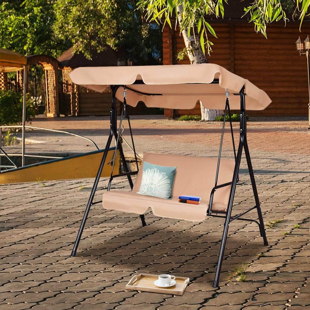 Beige Steel Frame 2-Person Patio Swing with Cushions