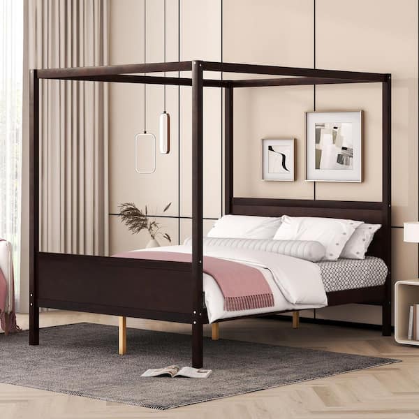Brown Frame Queen Size Canopy Bed with Headboard and Footboard, Slat Support Leg