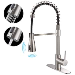 Touchless Single-Handle Gooseneck Pull Out Sprayer Kitchen Faucet with Deckplate and Spiral Tube in Brushed Nickel