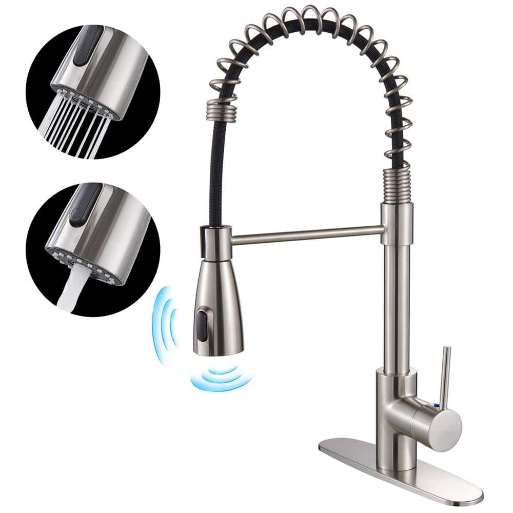 Touchless Single-Handle Pull Out Sprayer Spring Kitchen Faucet with Deckplate Pull Down Sink Faucet in Brushed Nickel -  Heemli, KBT0201N