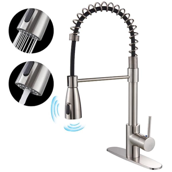 Heemli Touchless Single-Handle Pull Out Sprayer Spring Kitchen Faucet with Deckplate Pull Down Sink Faucet in Brushed Nickel