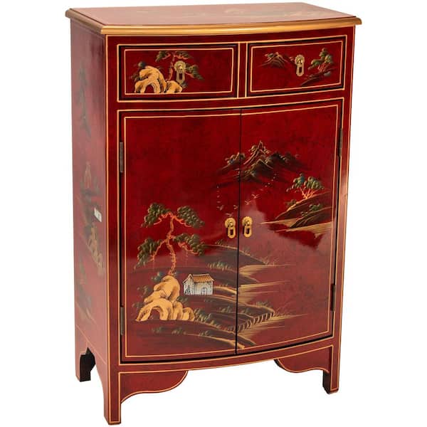 Red Lantern Red Lacquer Landscape Half-Round Accent Cabinet