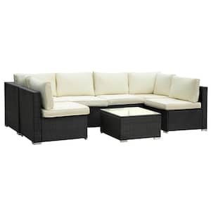 Black 7-Piece Wicker Outdoor Sectional Set Patio Sofa Set with Beige Cushions and Coffee Table
